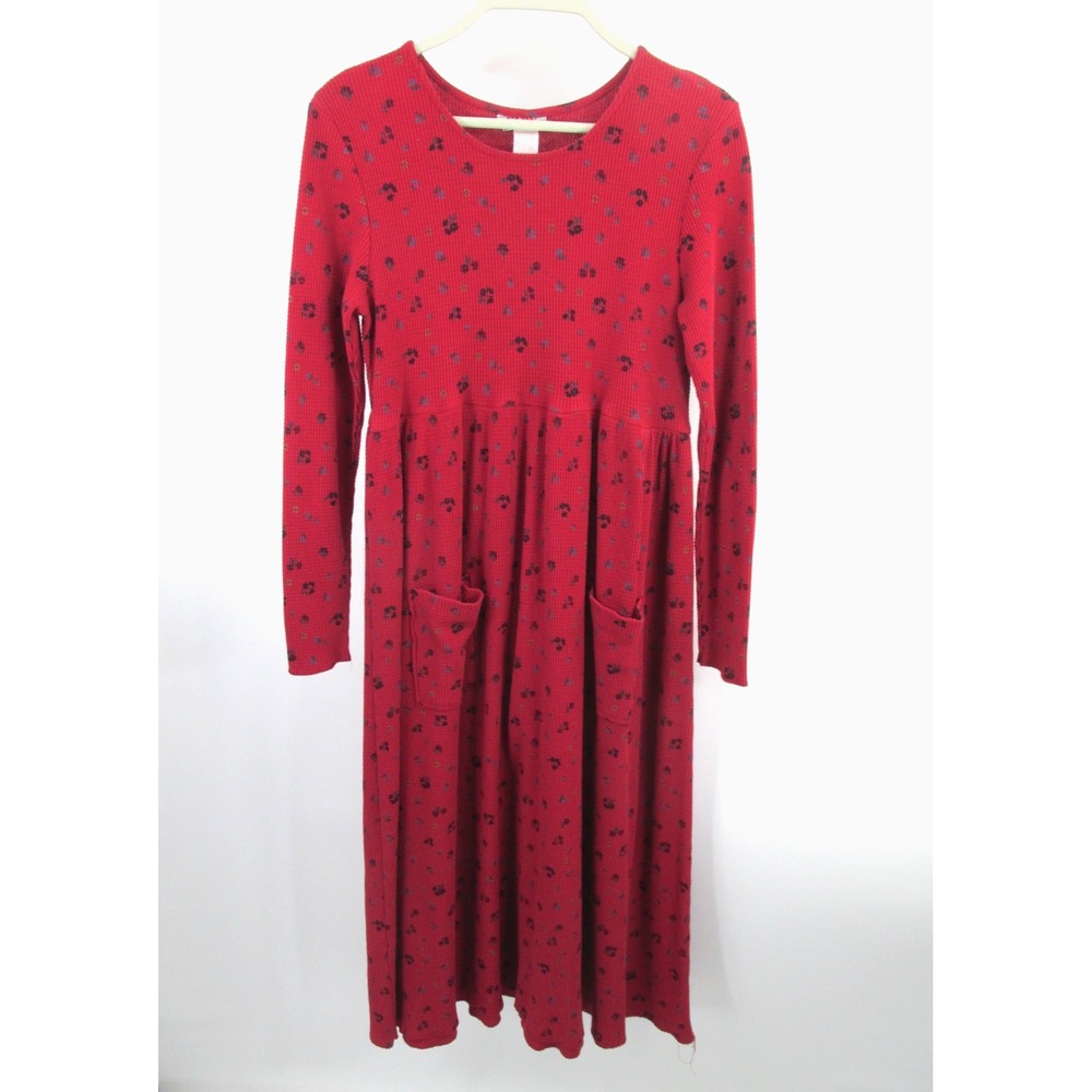 Fads Vintage Midi Smock Dress Womens 8 Red Thermal Floral Prairie Cottage Core